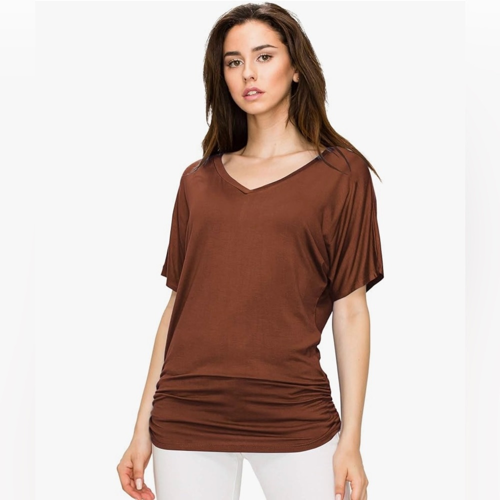 Solid Short Sleeve Boat Neck/V Neck Dolman Top T Shirt with Side Shirring - Picture 4 of 6